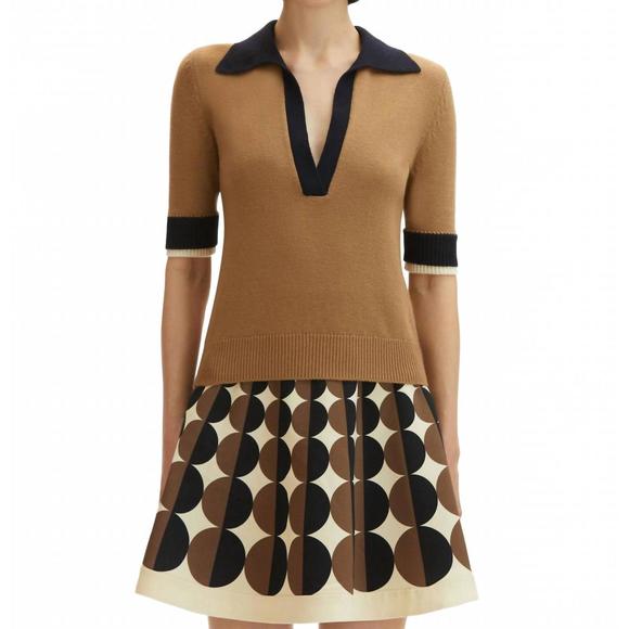 NEW OSCAR DE LA RENTA short sleeve color block pullover in walnut/navy/ivory - Picture 1 of 5